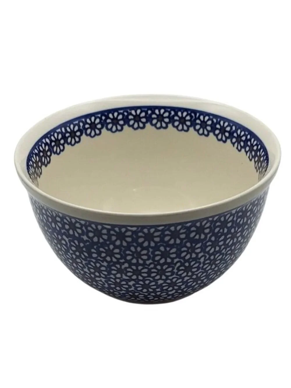 Hand Made Boleslawiec Pottery Cobalt Blue Daisy Stoneware Mixing Bowl Floral 4G